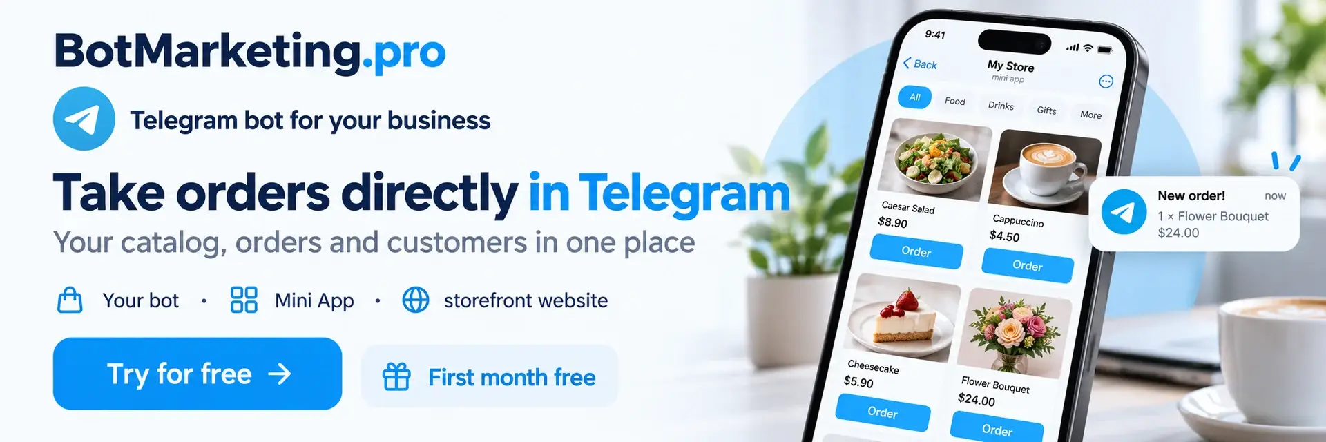 BotMarketing.pro — take orders directly in Telegram. Your catalog, orders and customers in one place. Your bot, Mini App and storefront website. First month free.