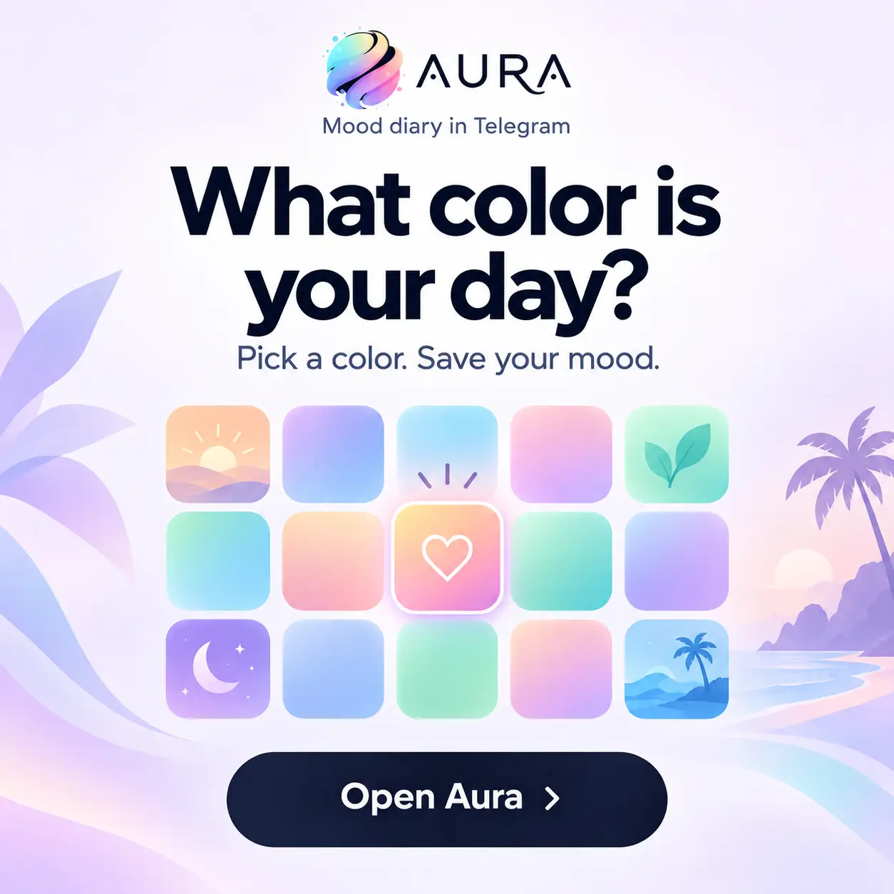 Aura: what color is your day? Pick a color and save your mood. Mood diary in Telegram.