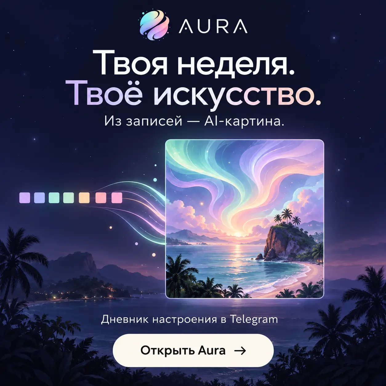 Aura: твоя неделя, твоё искусство. Из записей — AI-картина. Дневник настроения в Telegram.