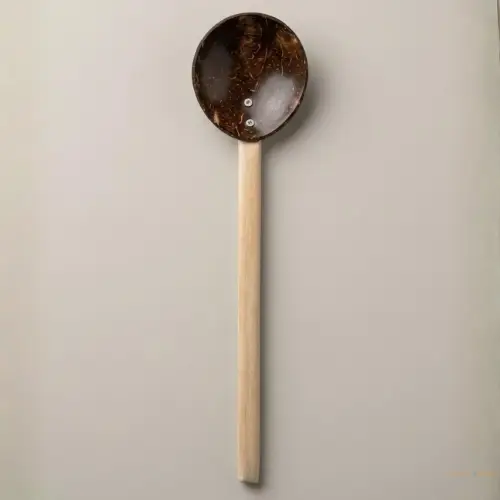 Servierlöffel aus Kokosnussschale mit Holzgriff